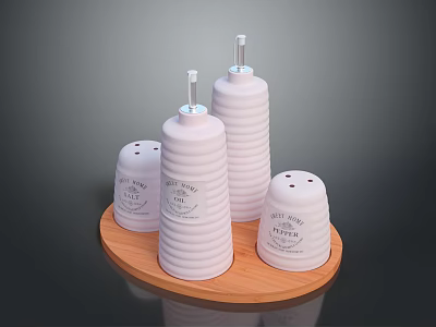White Striped Condiment Bottles Set On Round Wooden Tray For Kitchen Daily Use 3d model