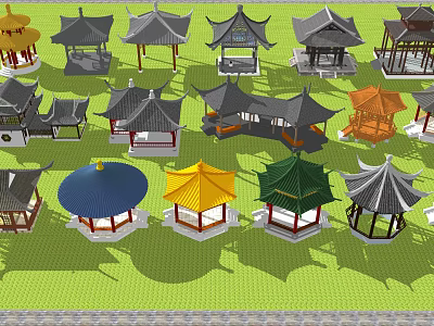 Traditional Chinese Pavilions With Various Colored Roofs And Architectural Structures 3d model