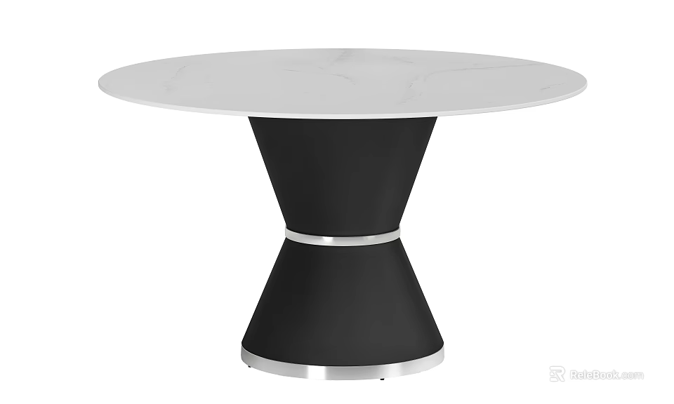 Modern Round Dining Table With White Marble Tabletop Black Base And Silver Accent 3d model 