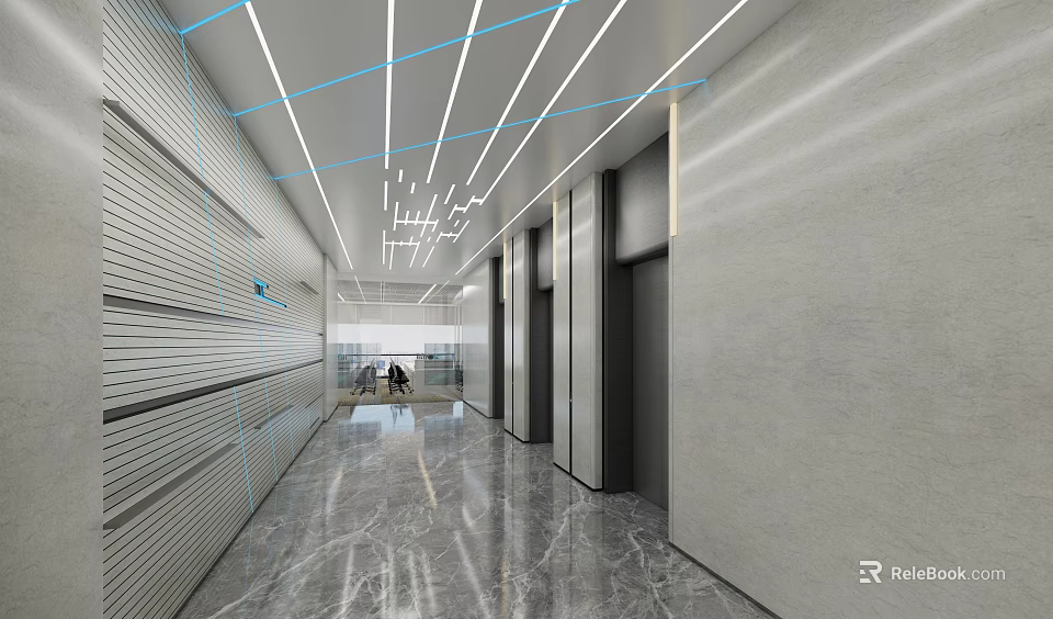 Modern Office Corridor With Ceiling Lines Marble Floor And Elevator Doors 3d model 