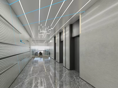 Modern Office Corridor With Ceiling Lines Marble Floor And Elevator Doors 3d model