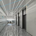 Modern Office Corridor With Ceiling Lines Marble Floor And Elevator Doors
