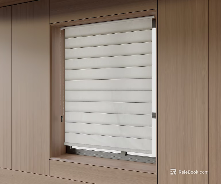 Modern White Slatted Blinds Fitted In Window With Wooden Wall Interior 3d model 