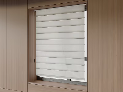 Modern White Slatted Blinds Fitted In Window With Wooden Wall Interior 3d model