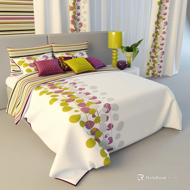 Double Bed with Colorful Pillows Leaf Patterned Quilt Bedside Yellow Lamp Green Plant Purple Decor 3d model 