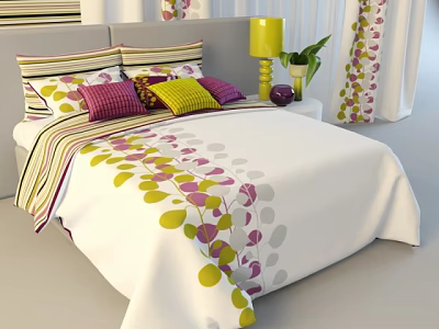 Double Bed with Colorful Pillows Leaf Patterned Quilt Bedside Yellow Lamp Green Plant Purple Decor 3d model