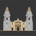 Elaborate Classical Building Model Featuring Twin Towers Golden Domes And Ornate Base