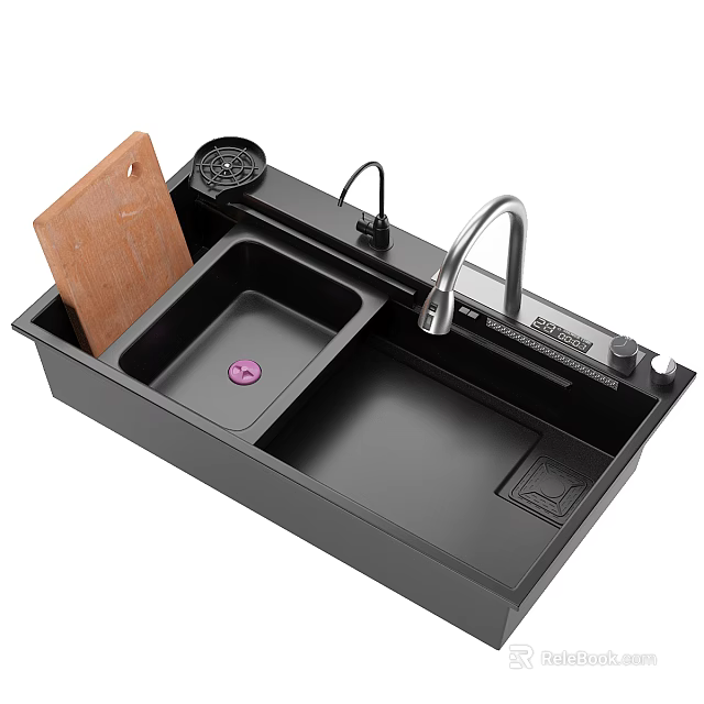 Black Double Bowl Kitchen Sink With Cutting Board Drainer Basket And Silver Faucet 3d model 