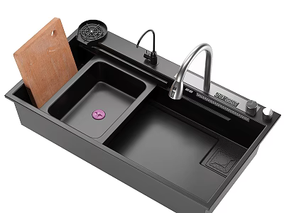 Black Double Bowl Kitchen Sink With Cutting Board Drainer Basket And Silver Faucet 3d model