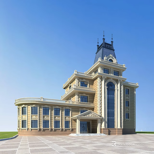 Classical Style Office Building With Tower And Large Glass Windows 3d model