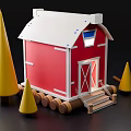 Red Wooden House With White Roof Octagonal Window Steps And Wooden Logs