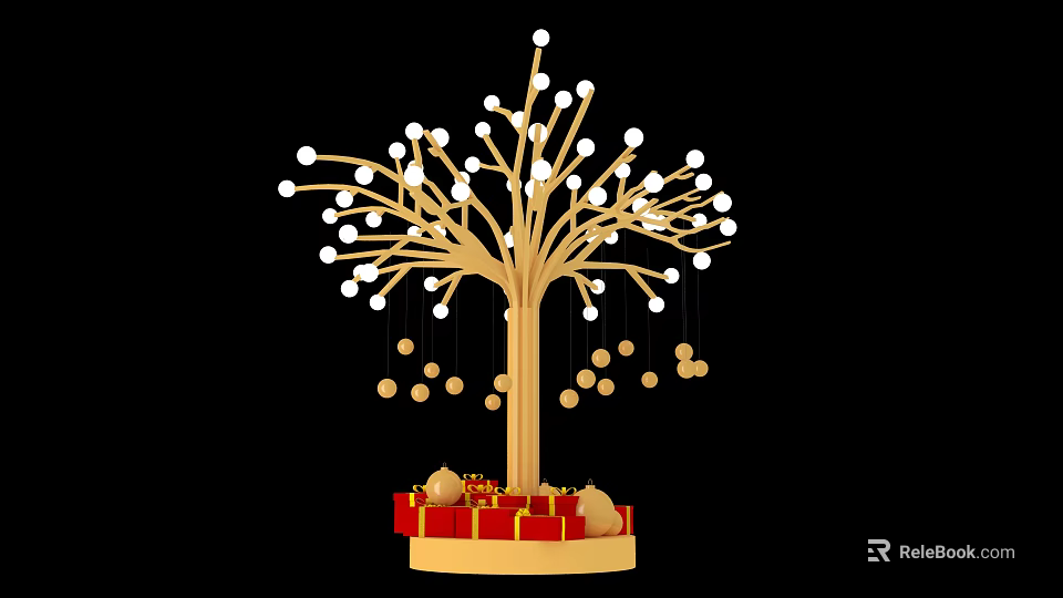 Decorative Wooden Tree With White Spherical Ornaments Golden Hanging Decorations And Gift Boxes At Base 3d model 