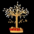 Decorative Wooden Tree With White Spherical Ornaments Golden Hanging Decorations And Gift Boxes At Base
