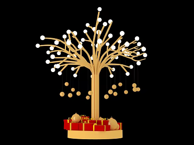 Decorative Wooden Tree With White Spherical Ornaments Golden Hanging Decorations And Gift Boxes At Base 3d model