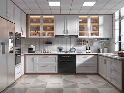 Modern Kitchen With White Cabinets Glass Front Storage Geometric Floor Tiles And Appliances 3d model