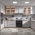 Modern Kitchen With White Cabinets Glass Front Storage Geometric Floor Tiles And Appliances