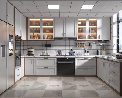 Modern Kitchen With White Cabinets Glass Front Storage Geometric Floor Tiles And Appliances 3d model