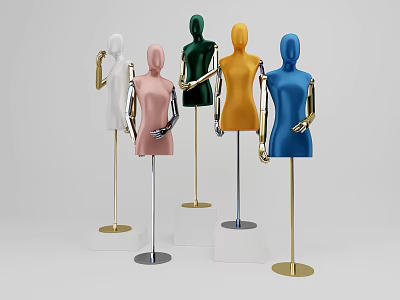 Various Colored Mannequins with Gold and Silver Metallic Stands and White Bases 3d model