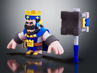 King Character with Golden Crown and Blue Cape Holding Large Hammer with Blue Gold Accents 3d model