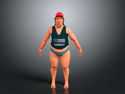 Man Wearing Red Hat Green Tank Top With American Flag Design Blue Shorts Gray Background 3d model