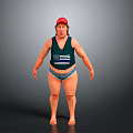 Man Wearing Red Hat Green Tank Top With American Flag Design Blue Shorts Gray Background