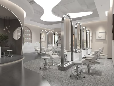 Modern Beauty Salon Interior Design With Curved Mirrors White Chairs And Pendant Lights 3d model