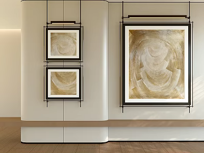 Three Black Framed Gold And Beige Modern Oil Paintings On White Wall With Wooden Floor 3d model