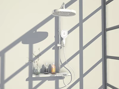 Rainfall Shower Head on Light Wall with Handheld Sprayer Window Shadows Shelf and Toiletries 3d model