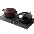 Black Stove Top With Red Covered Pot Black Pan And Small Kitchen Containers
