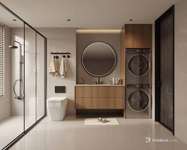 Modern Bathroom Interior Design With Toilet Vanity Round Mirror Glass Shower And Stacked Washer Dryer 3d model 