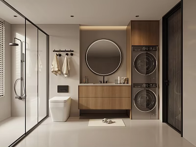 Modern Bathroom Interior Design With Toilet Vanity Round Mirror Glass Shower And Stacked Washer Dryer 3d model
