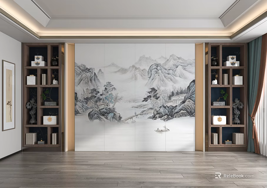 Elegant Chinese Interior Design With Decorative Cabinets And Mountain Landscape Backdrop 3d model