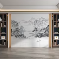 Elegant Chinese Interior Design With Decorative Cabinets And Mountain Landscape Backdrop 3d model