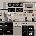 Modern Kitchen Interior With Various Appliances Cookware And Spices On Shelves