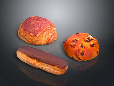 Fresh Assorted Baked Pastries With Glazed Croissant Chocolate Eclair And Raisin Bun 3d model