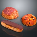 Fresh Assorted Baked Pastries With Glazed Croissant Chocolate Eclair And Raisin Bun