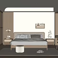 Modern Minimalist Bedroom Interior with Light Wood Furniture Louvered Wardrobe Bedside Lamp and Wall Shelf