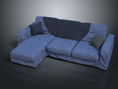 Blue L Shaped Fabric Sofa With Throw Pillows And Blanket For Living Room 3d model