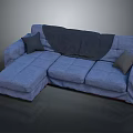 Blue L Shaped Fabric Sofa With Throw Pillows And Blanket For Living Room