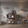 Elegant Console Table Side Cabinet With Books Photo Frame Wooden Chair Floor Lamp And Green Plants