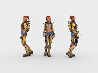 Detailed Game Character Red Hair Three Angles Futuristic Combat Outfit Design 3d model