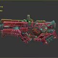 Red Futuristic Gun With Detailed Mechanical Design And Blue Glowing Elements