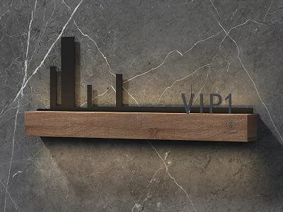 Modern Wooden Shelf With Black Geometric Decorations And VIP1 Sign On Gray Marble Wall 3d model