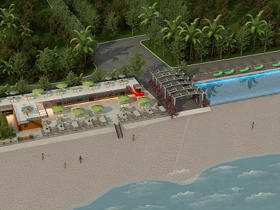 Garden Landscape With Beach Swimming Pool Palm Trees Outdoor Dining Area And Seats 3d model
