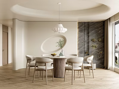Modern Restaurant Interior With Round Dining Table Chairs Pendant Light Decorative Wall And Wooden Flooring 3d model