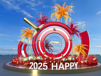 2025 Happy Photo Check in Spot With Red Circle Logo Palm Trees And Blue Sky 3d model
