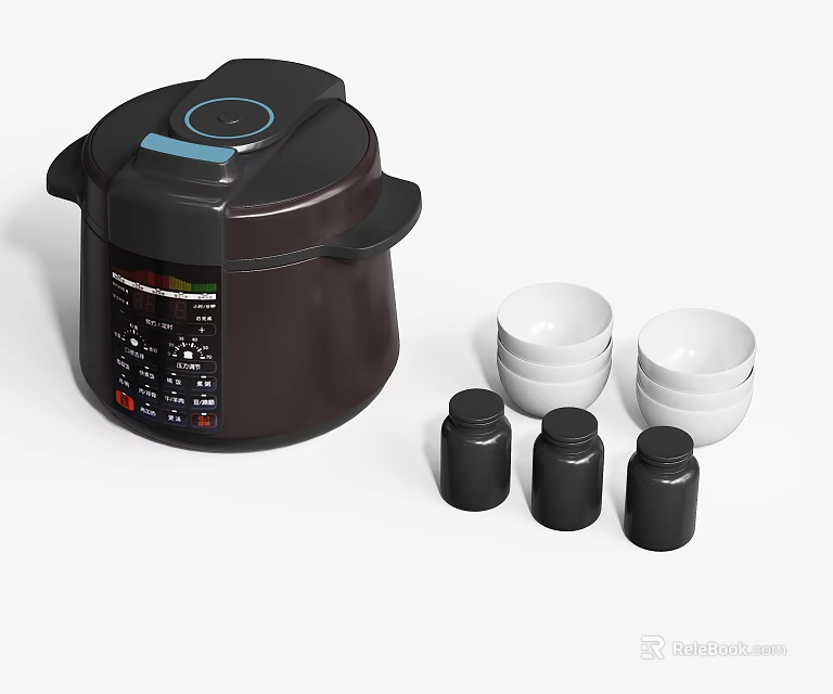Modern Electric Pressure Cooker With White Bowls And Black Spice Jars For Kitchen Cooking Essentials 3d model 