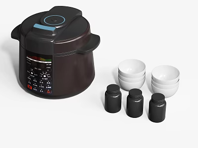Modern Electric Pressure Cooker With White Bowls And Black Spice Jars For Kitchen Cooking Essentials 3d model