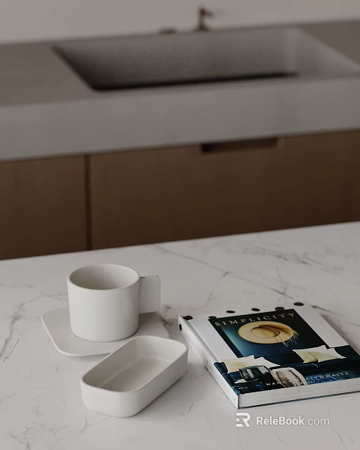 Minimalist Decorative Ornament Set With White Cup Coaster Small Dish And Book On Marble Countertop 3d model 