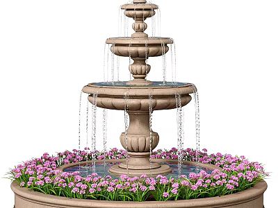 Outdoor Fountain Structure Multi Tiered Design With Water Flowing And Pink Flowers Around Base 3d model